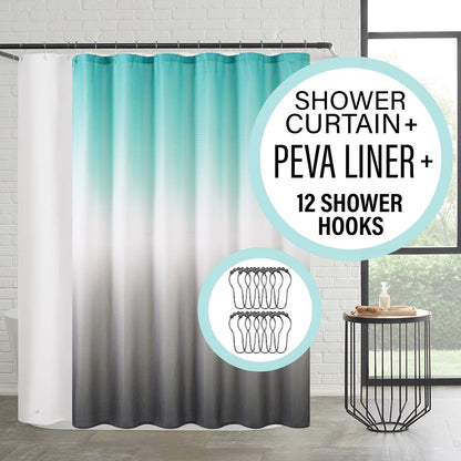Set da bagno/doccia da 14 pezzi - Tenda da doccia sfumata, ganci e rivestimento in PEVA