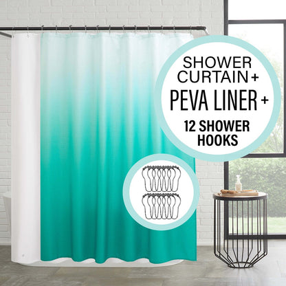 Set da bagno/doccia da 14 pezzi - Tenda da doccia sfumata, ganci e rivestimento in PEVA