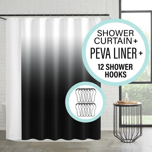 Set da bagno/doccia da 14 pezzi - Tenda da doccia sfumata, ganci e rivestimento in PEVA