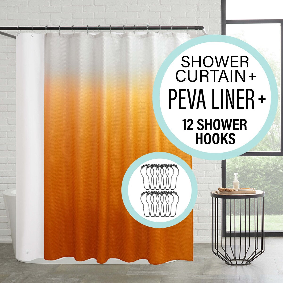 Set da bagno/doccia da 14 pezzi - Tenda da doccia sfumata, ganci e rivestimento in PEVA
