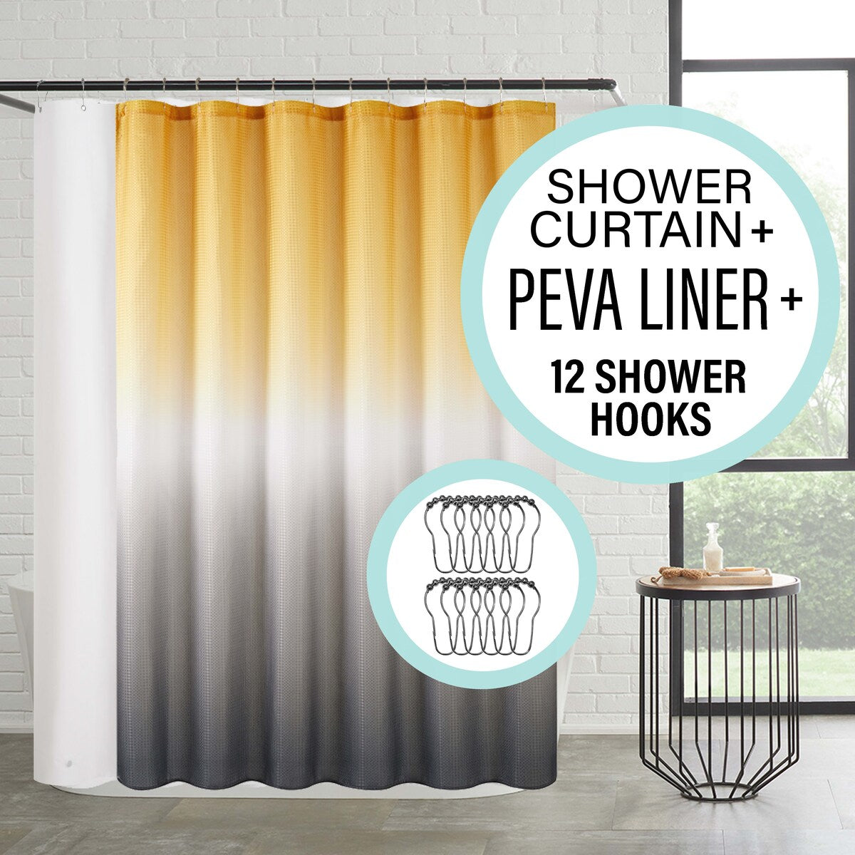 Set da bagno/doccia da 14 pezzi - Tenda da doccia sfumata, ganci e rivestimento in PEVA
