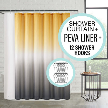 Set da bagno/doccia da 14 pezzi - Tenda da doccia sfumata, ganci e rivestimento in PEVA