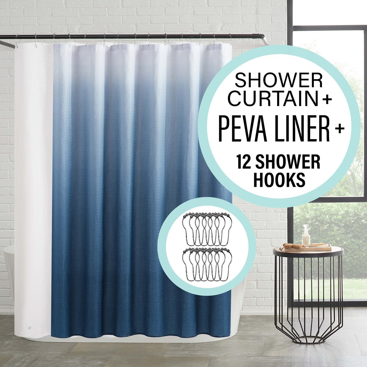 Set da bagno/doccia da 14 pezzi - Tenda da doccia sfumata, ganci e rivestimento in PEVA