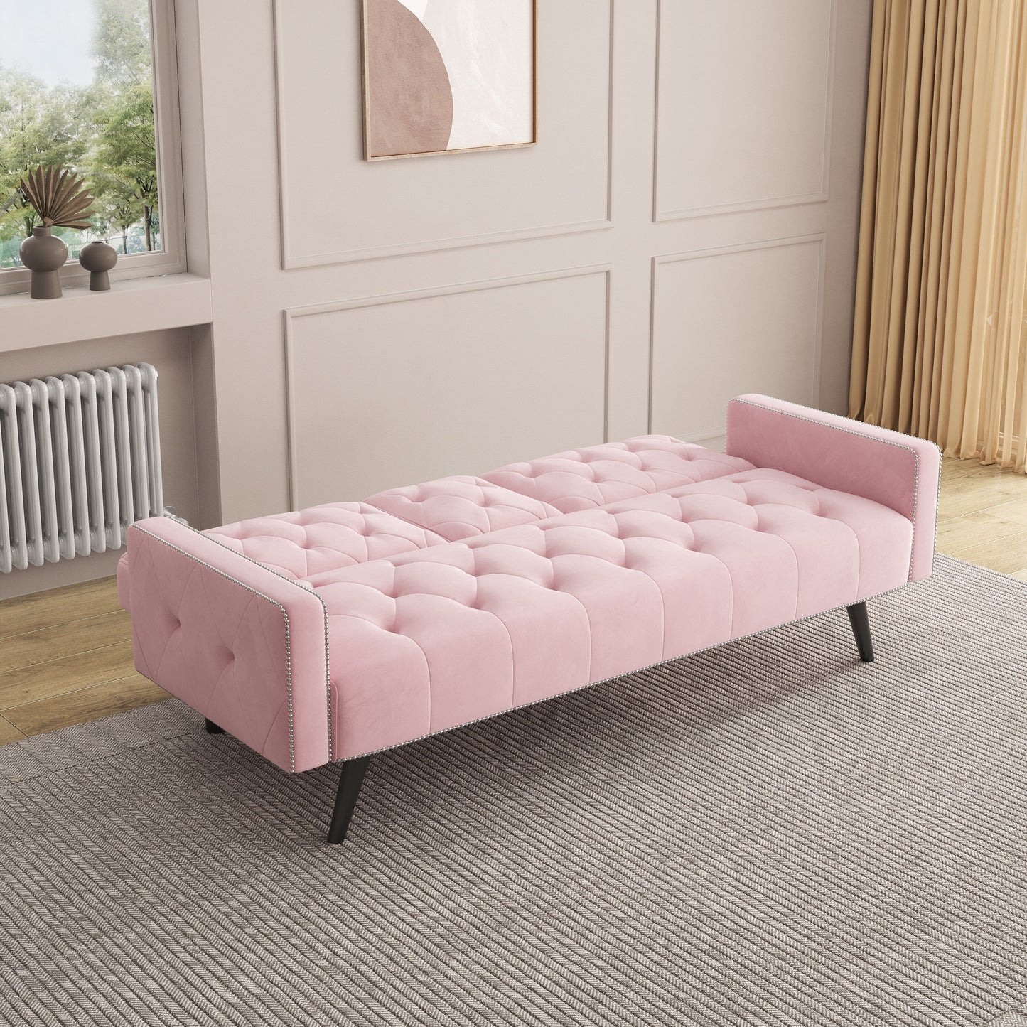 1730 Bracciolo per divano letto con finiture a borchie e due portabicchieri 72 Divano in velluto rosa per piccoli spazi