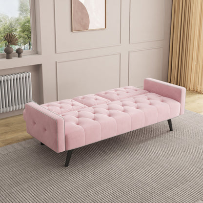 1730 Bracciolo per divano letto con finiture a borchie e due portabicchieri 72 Divano in velluto rosa per piccoli spazi