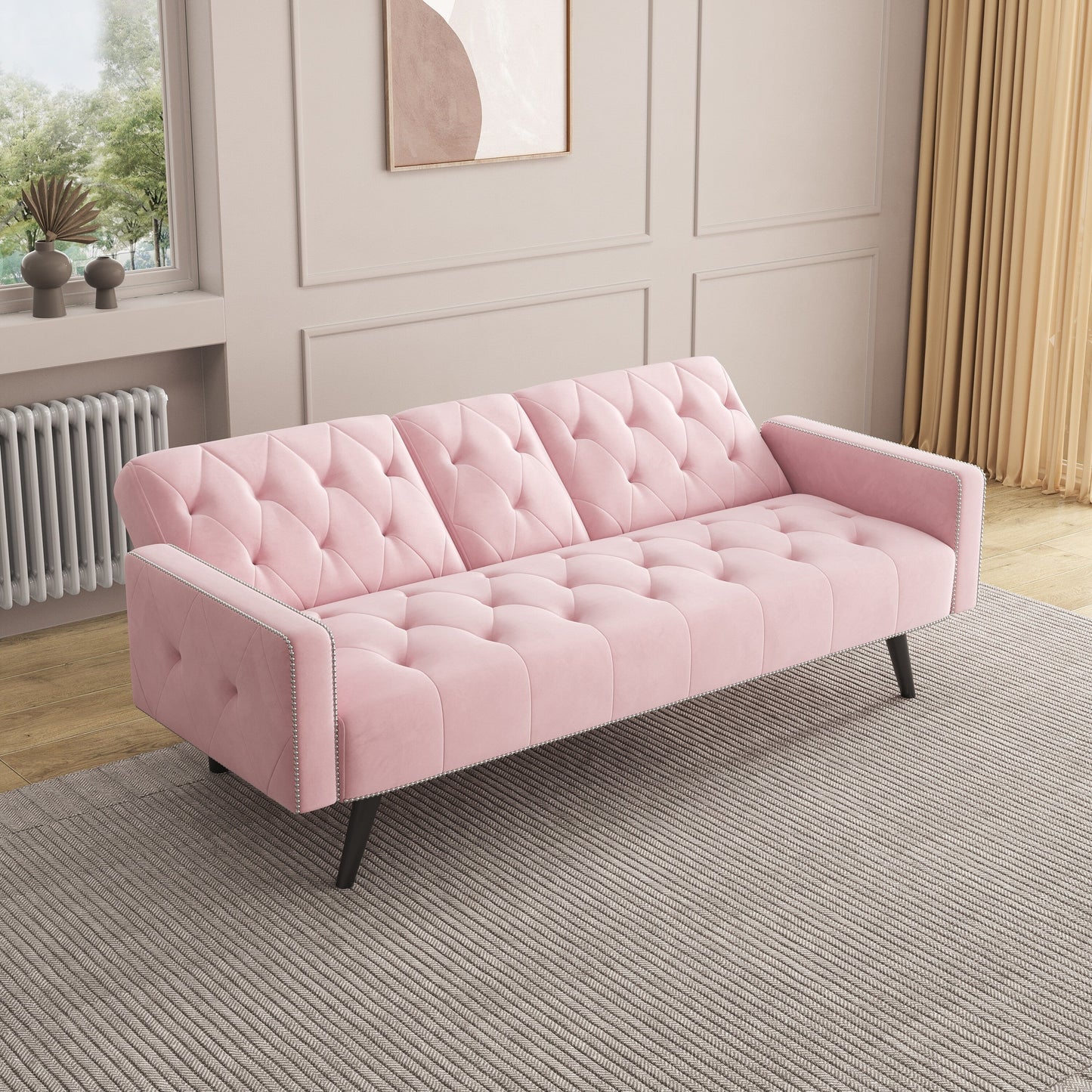 1730 Bracciolo per divano letto con finiture a borchie e due portabicchieri 72 Divano in velluto rosa per piccoli spazi