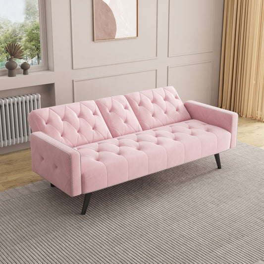 1730 Bracciolo per divano letto con finiture a borchie e due portabicchieri 72 Divano in velluto rosa per piccoli spazi