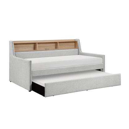 Divano letto grigio chiaro con libreria estraibile, pannello laterale, porte di ricarica, finiture con borchie, mobili dal design moderno