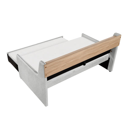 Divano letto grigio chiaro con libreria estraibile, pannello laterale, porte di ricarica, finiture con borchie, mobili dal design moderno