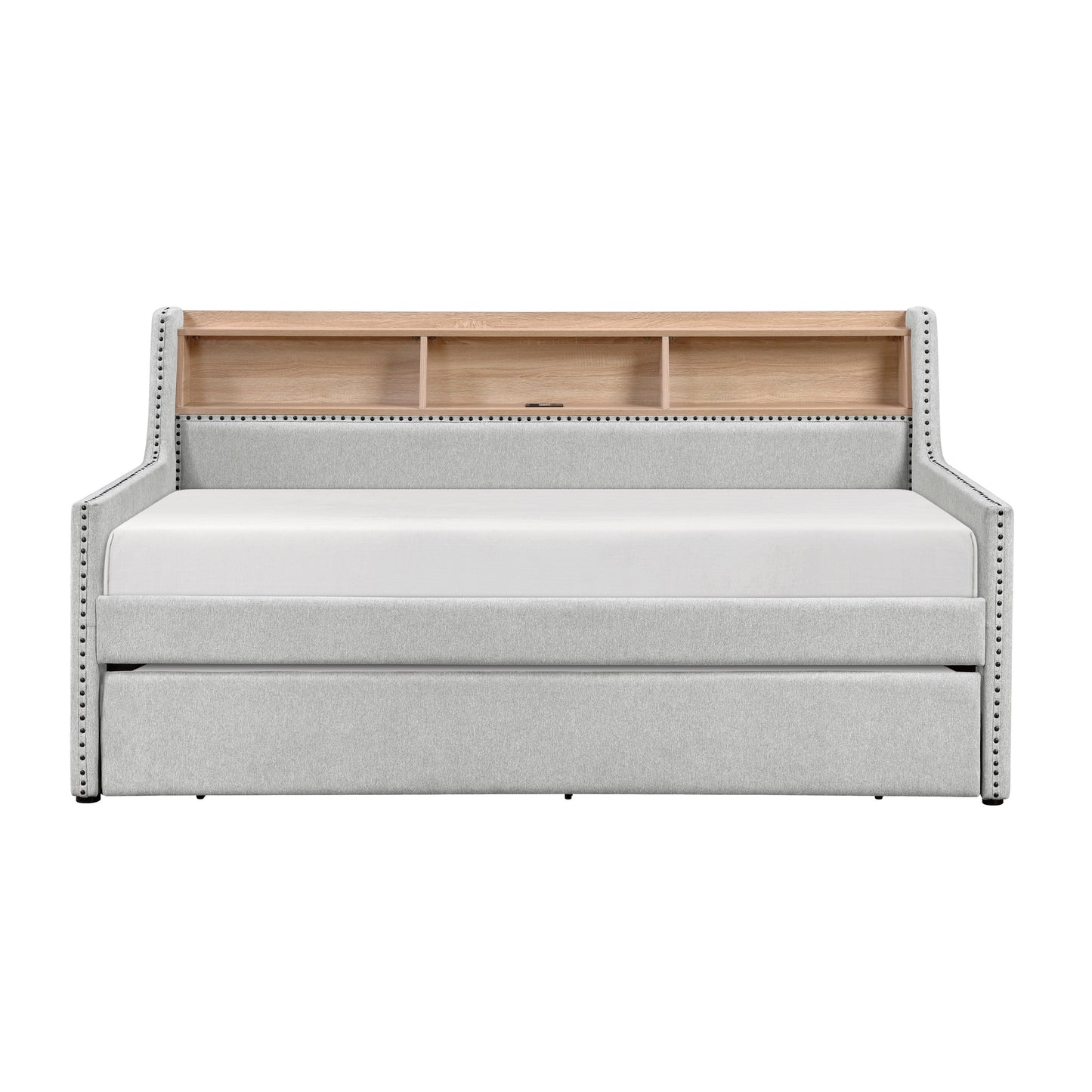 Divano letto grigio chiaro con libreria estraibile, pannello laterale, porte di ricarica, finiture con borchie, mobili dal design moderno