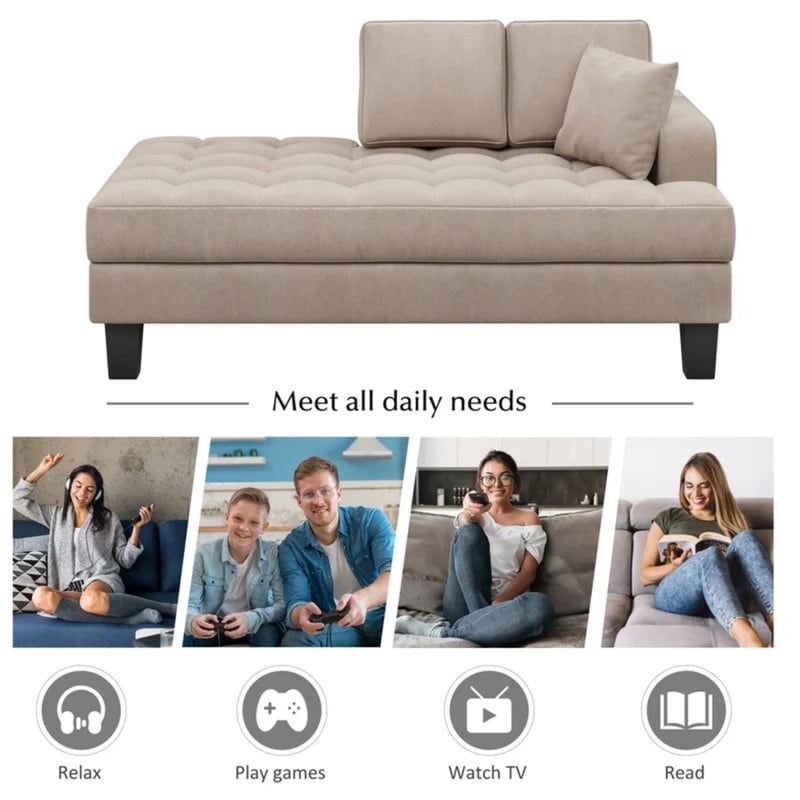 Set da soggiorno 2 pezzi, chaise longue imbottita con trapuntatura profonda e 2 cuscini, grigio caldo