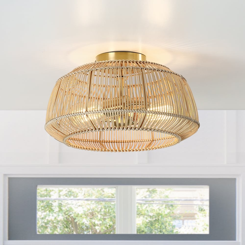 Lampada da soffitto semi-incassata in rattan bohémien a 2 luci - Ottone