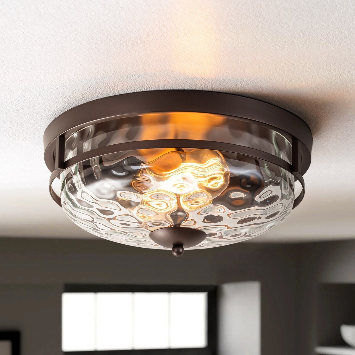 Plafoniera industriale a 2 luci, in vetro trasparente con effetto acqua increspata, montaggio a filo - 12,9 pollici di larghezza x 5,5 pollici di altezza