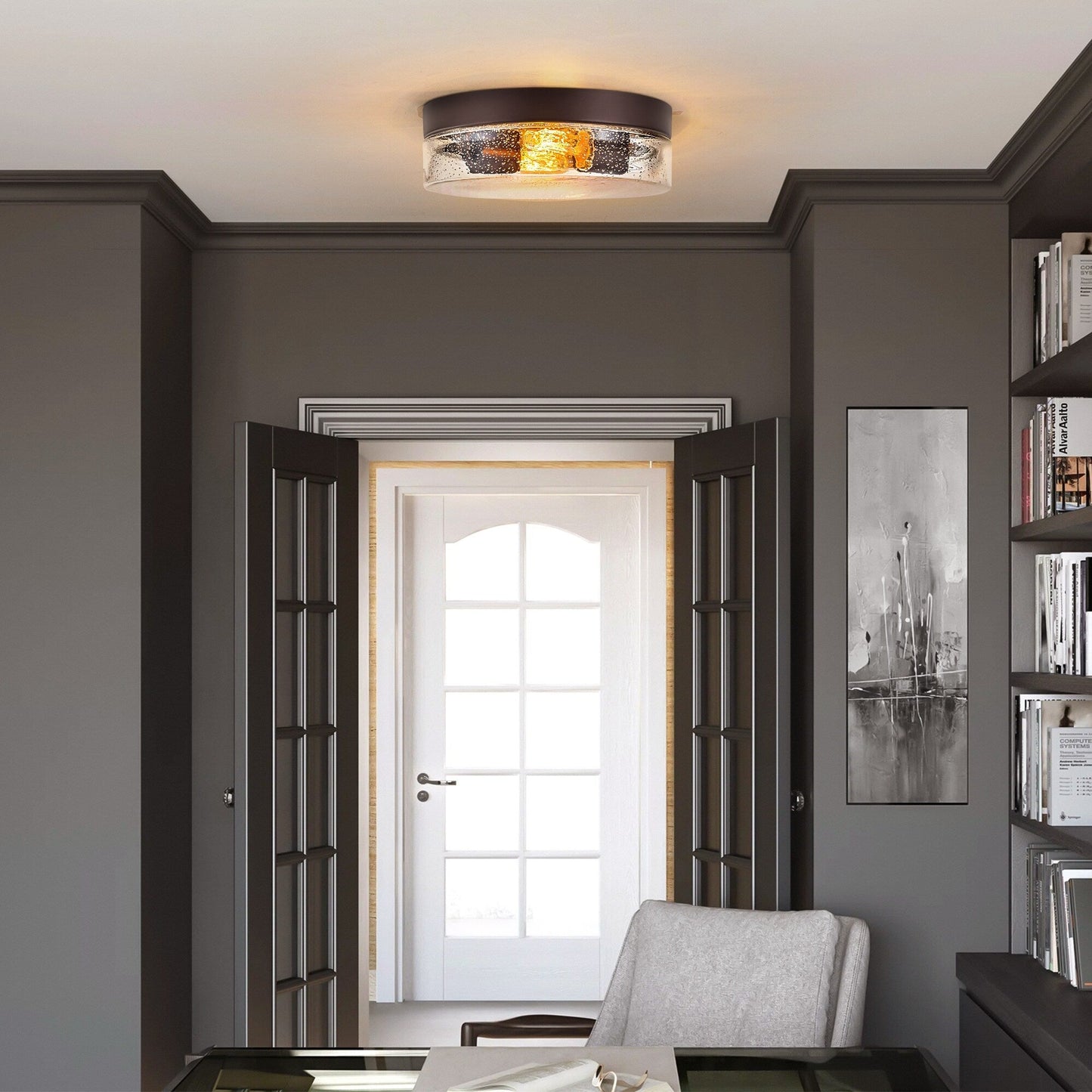 Lampada da soffitto a 2 luci moderna in stile fattoria, con cupola in vetro trasparente con semi/bolle