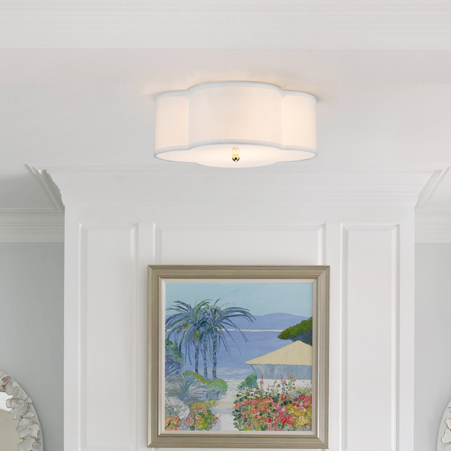 Lampada da soffitto a 2 luci in lino bianco con diffusore in acrilico
