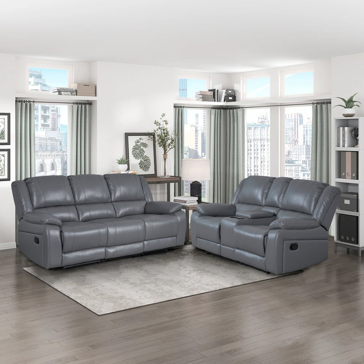Set di divani da soggiorno reclinabili manuali classici in similpelle, 2 pezzi, con consolle e portabicchieri