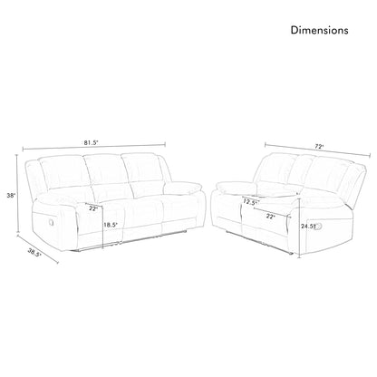 Set di divani da soggiorno reclinabili manuali classici in similpelle, 2 pezzi, con consolle e portabicchieri