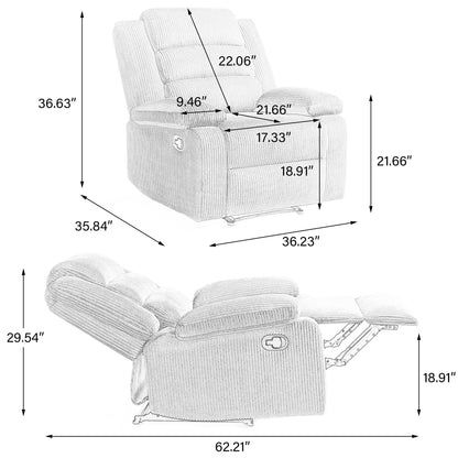 Set da 2 poltrone reclinabili manuali moderne in velluto a coste, poltrone reclinabili oversize con braccioli larghi