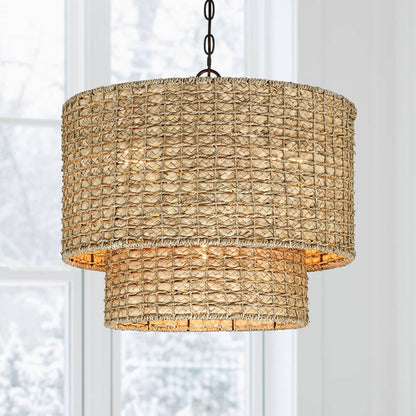 Lampada a sospensione tradizionale a tamburo in rattan naturale a 4 luci con baldacchino nero - Nero/terroso - 20 pollici di larghezza