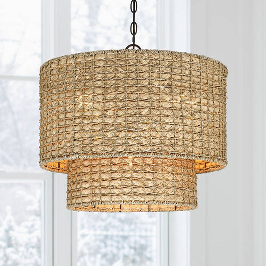 Lampada a sospensione tradizionale a tamburo in rattan naturale a 4 luci con baldacchino nero - Nero/terroso - 20 pollici di larghezza