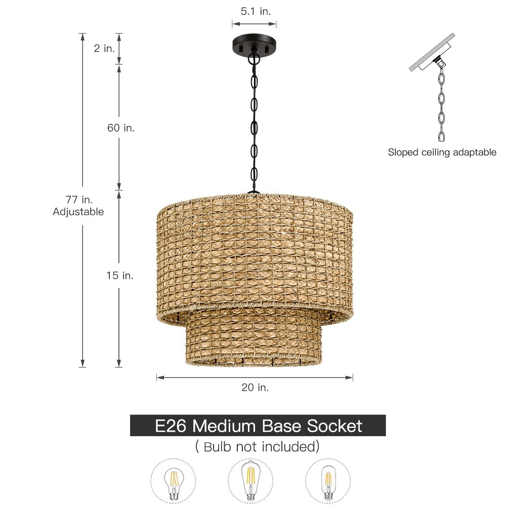 Lampada a sospensione tradizionale a tamburo in rattan naturale a 4 luci con baldacchino nero - Nero/terroso - 20 pollici di larghezza