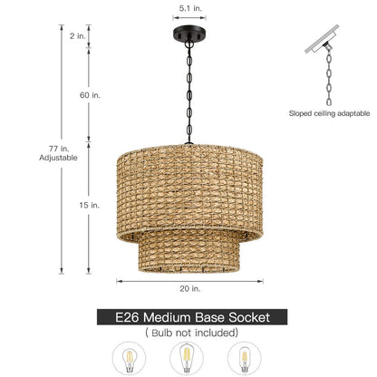 Lampada a sospensione tradizionale a tamburo in rattan naturale a 4 luci con baldacchino nero - Nero/terroso - 20 pollici di larghezza