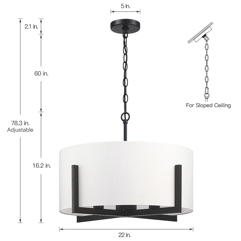 Lampadario a sospensione nero opaco da 22 pollici a 4 luci con paralume a tamburo bianco - 22 W