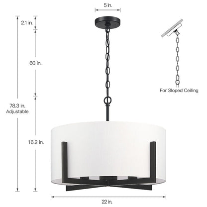Lampadario a sospensione nero opaco da 22 pollici a 4 luci con paralume a tamburo bianco - 22 W