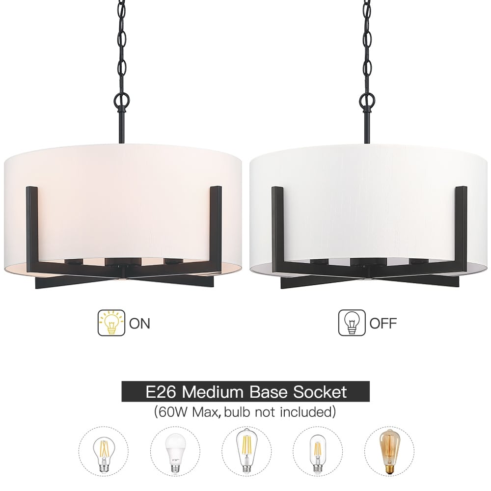 Lampadario a sospensione nero opaco da 22 pollici a 4 luci con paralume a tamburo bianco - 22 W