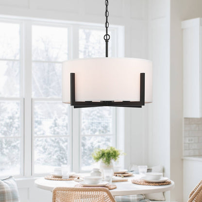 Lampadario a sospensione nero opaco da 22 pollici a 4 luci con paralume a tamburo bianco - 22 W