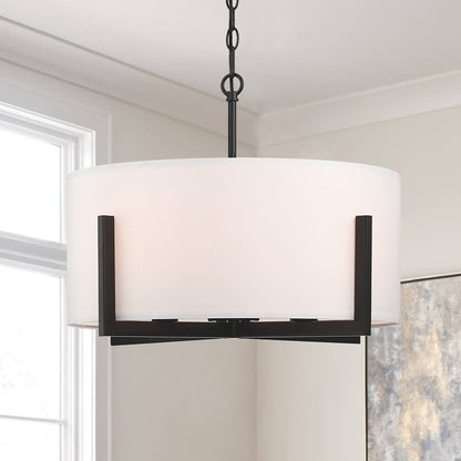 Lampadario a sospensione nero opaco da 22 pollici a 4 luci con paralume a tamburo bianco - 22 W