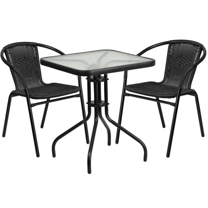 Tavolo quadrato in vetro e metallo da 23,5 con 2 sedie impilabili in rattan - 23,50 L x 23,50 P x 28 A - 23,50 L x 23,50 P x 28 A