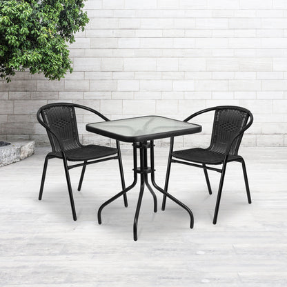 Tavolo quadrato in vetro e metallo da 23,5 con 2 sedie impilabili in rattan - 23,50 L x 23,50 P x 28 A - 23,50 L x 23,50 P x 28 A