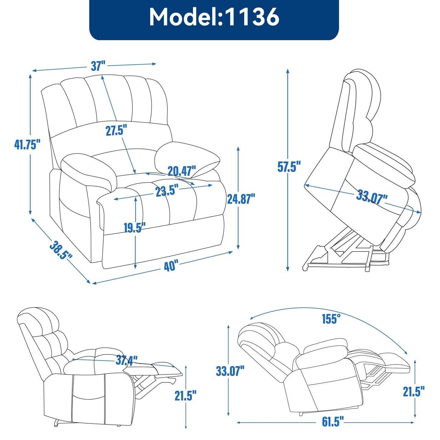 Poltrona reclinabile elettrica con schienale alto e seduta larga 23" in ciniglia blu-grigio, con massaggio vibrante a 8 punti