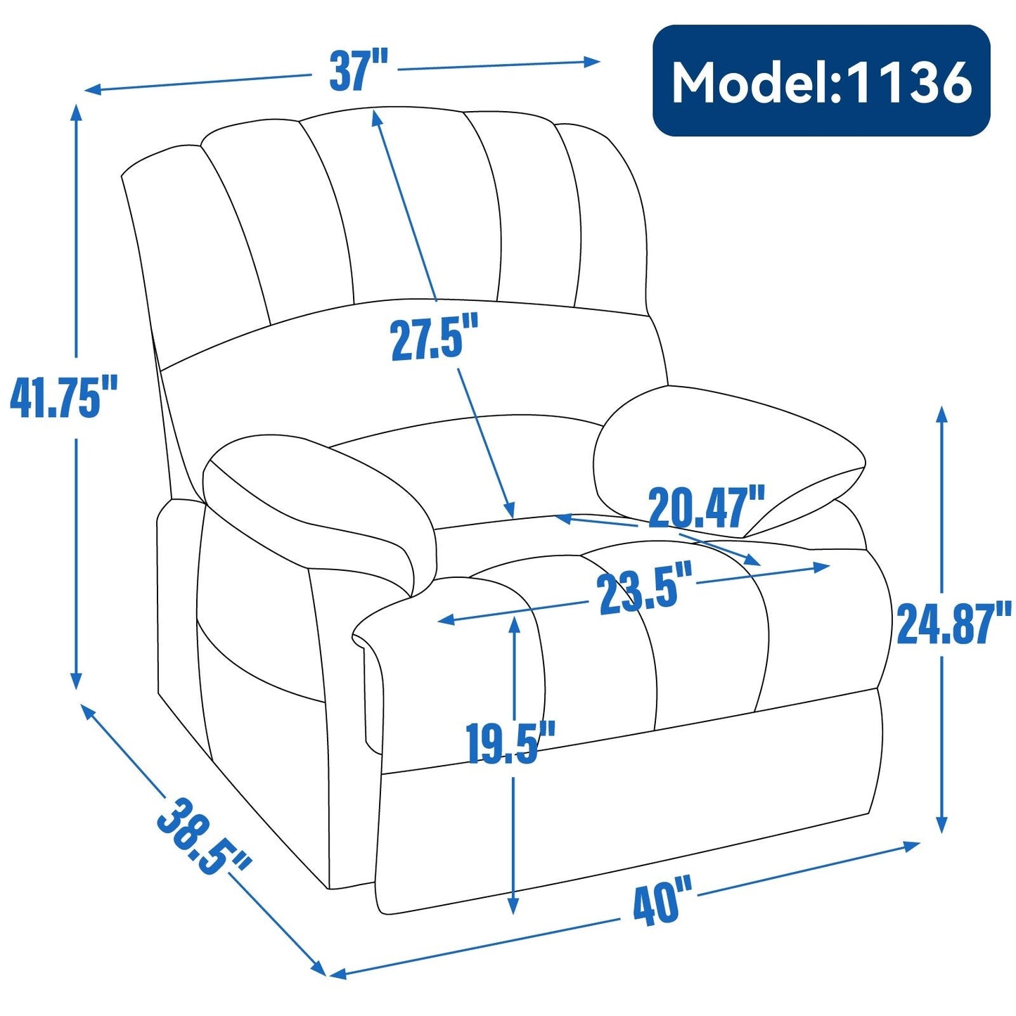 Poltrona reclinabile elettrica con schienale alto e seduta larga 23" in ciniglia blu-grigio, con massaggio vibrante a 8 punti