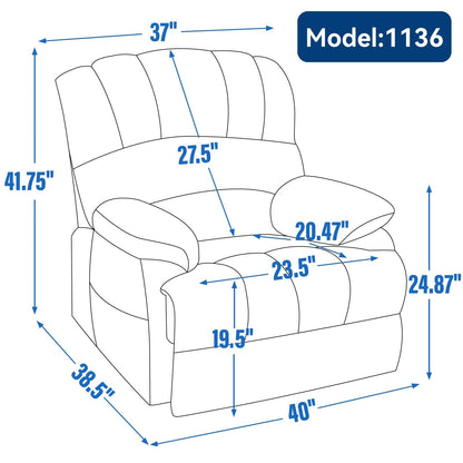 Poltrona reclinabile elettrica con schienale alto e seduta larga 23" in ciniglia blu-grigio, con massaggio vibrante a 8 punti