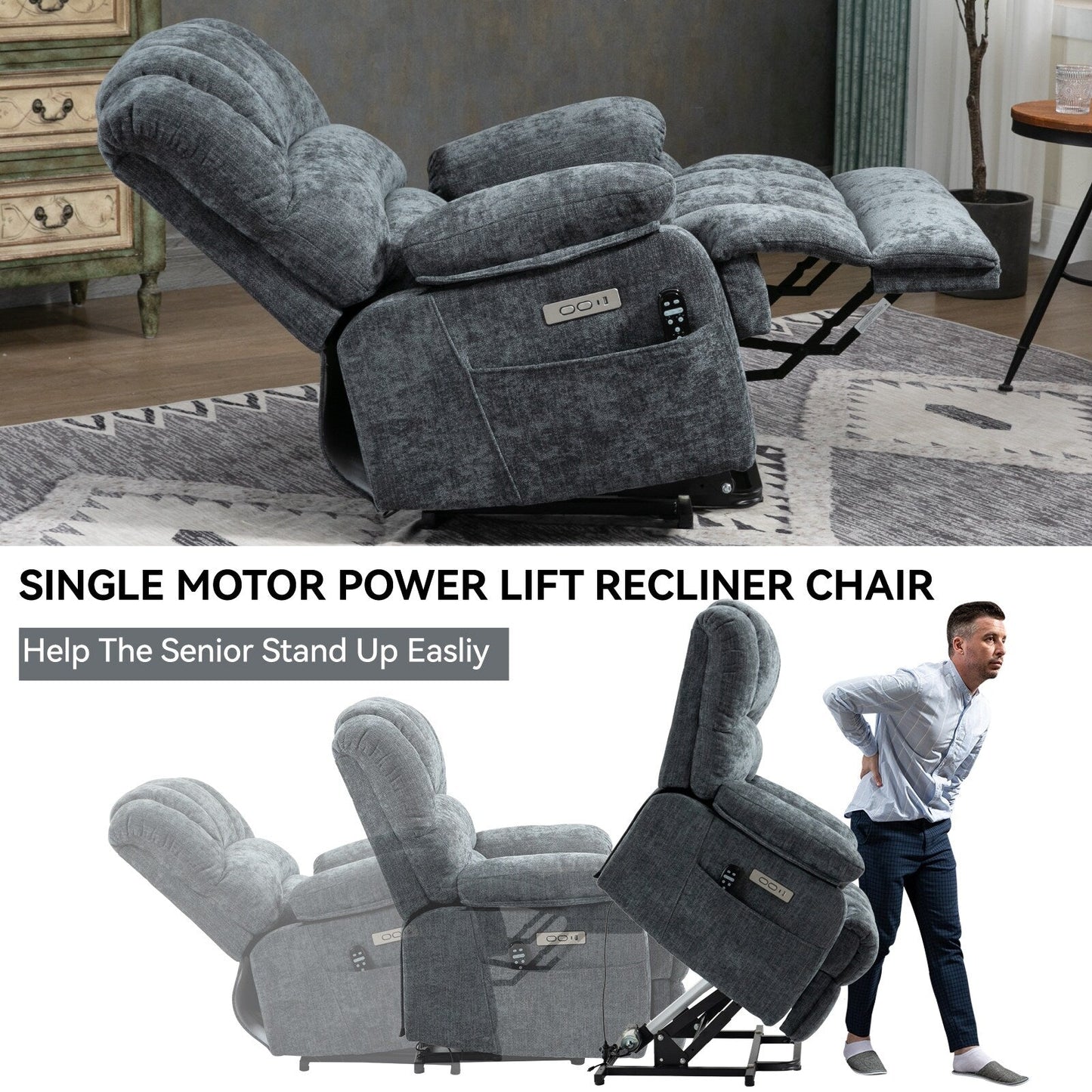 Poltrona reclinabile elettrica con schienale alto e seduta larga 23" in ciniglia blu-grigio, con massaggio vibrante a 8 punti