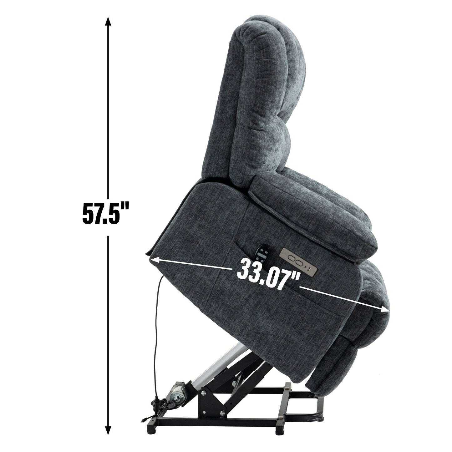 Poltrona reclinabile elettrica con schienale alto e seduta larga 23" in ciniglia blu-grigio, con massaggio vibrante a 8 punti
