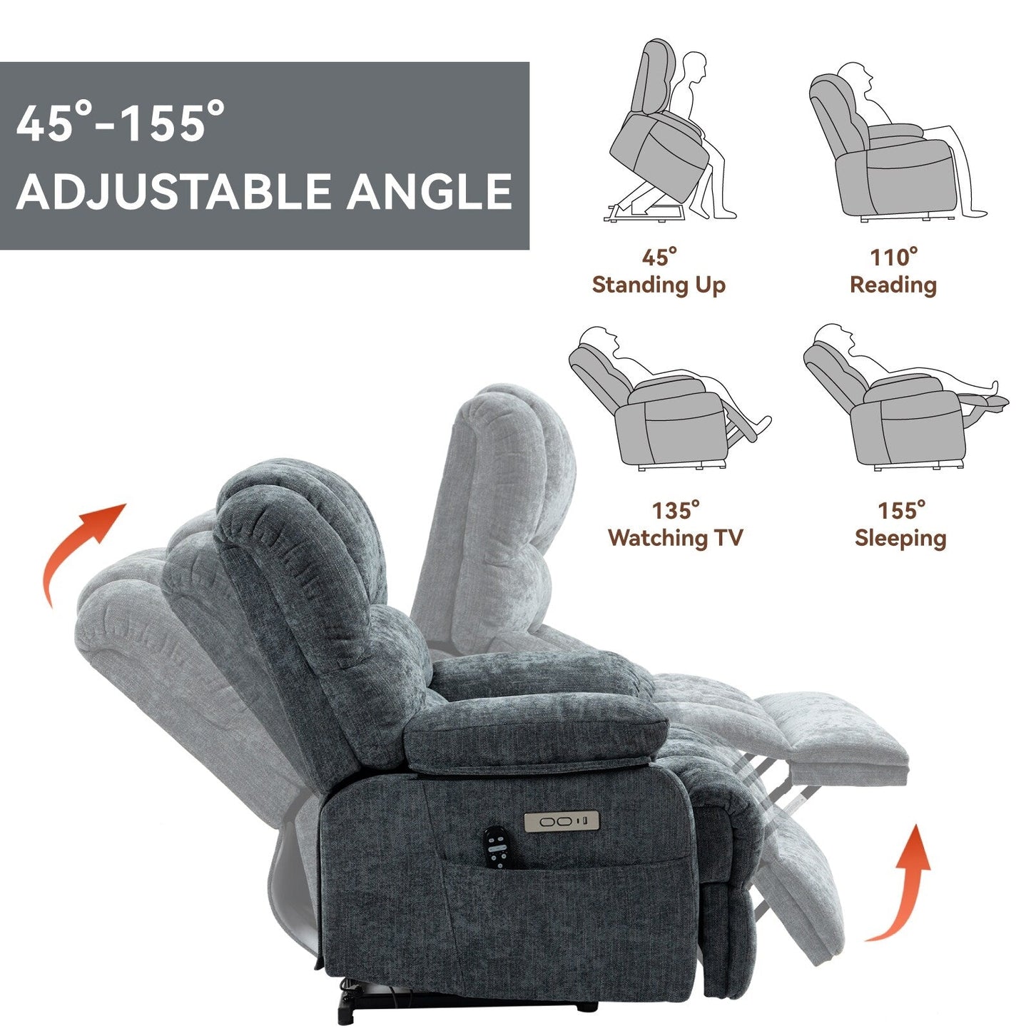 Poltrona reclinabile elettrica con schienale alto e seduta larga 23" in ciniglia blu-grigio, con massaggio vibrante a 8 punti
