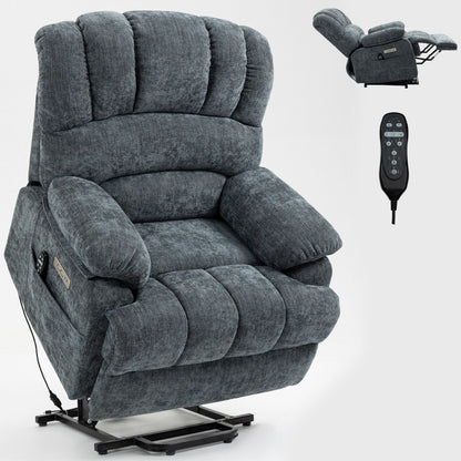 Poltrona reclinabile elettrica con schienale alto e seduta larga 23" in ciniglia blu-grigio, con massaggio vibrante a 8 punti