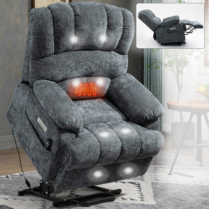 Poltrona reclinabile elettrica con schienale alto e seduta larga 23" in ciniglia blu-grigio, con massaggio vibrante a 8 punti