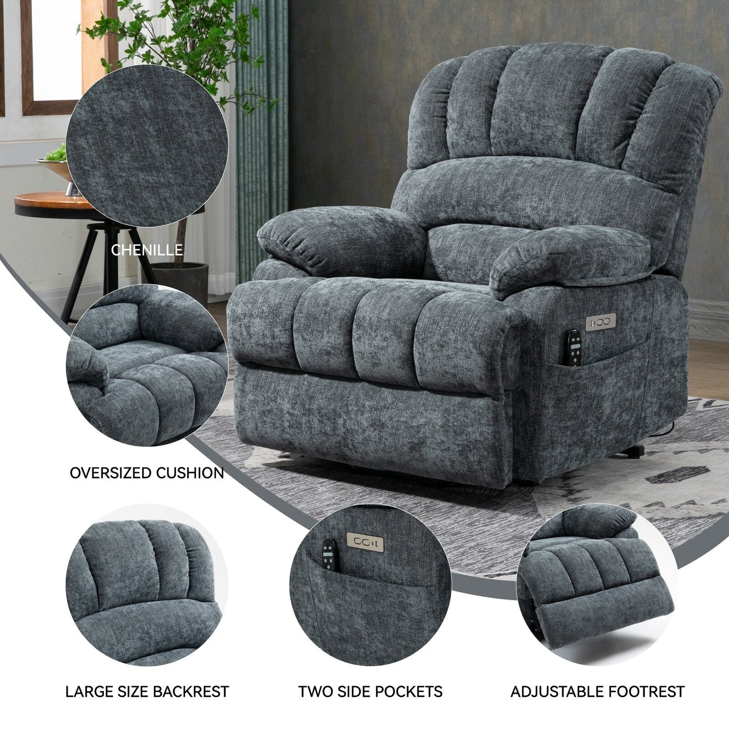 Poltrona reclinabile elettrica con schienale alto e seduta larga 23" in ciniglia blu-grigio, con massaggio vibrante a 8 punti