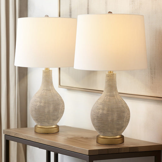 Lampada da tavolo in stile fattoria beige/oro lavato da 24,5 pollici con paralume in lino bianco (set di 2) - 24,5 H