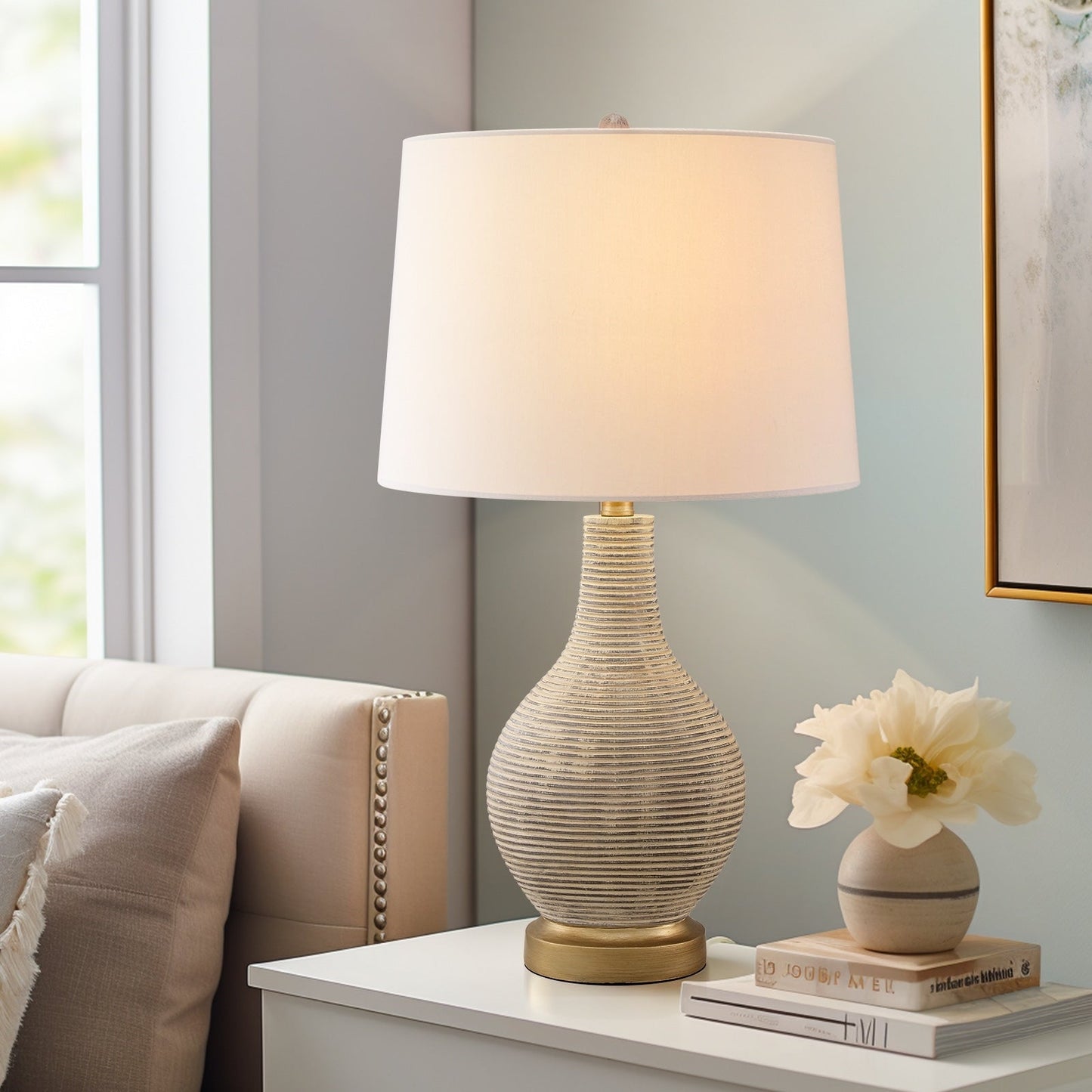 Lampada da tavolo in stile fattoria beige/oro lavato da 24,5 pollici con paralume in lino bianco (set di 2) - 24,5 H