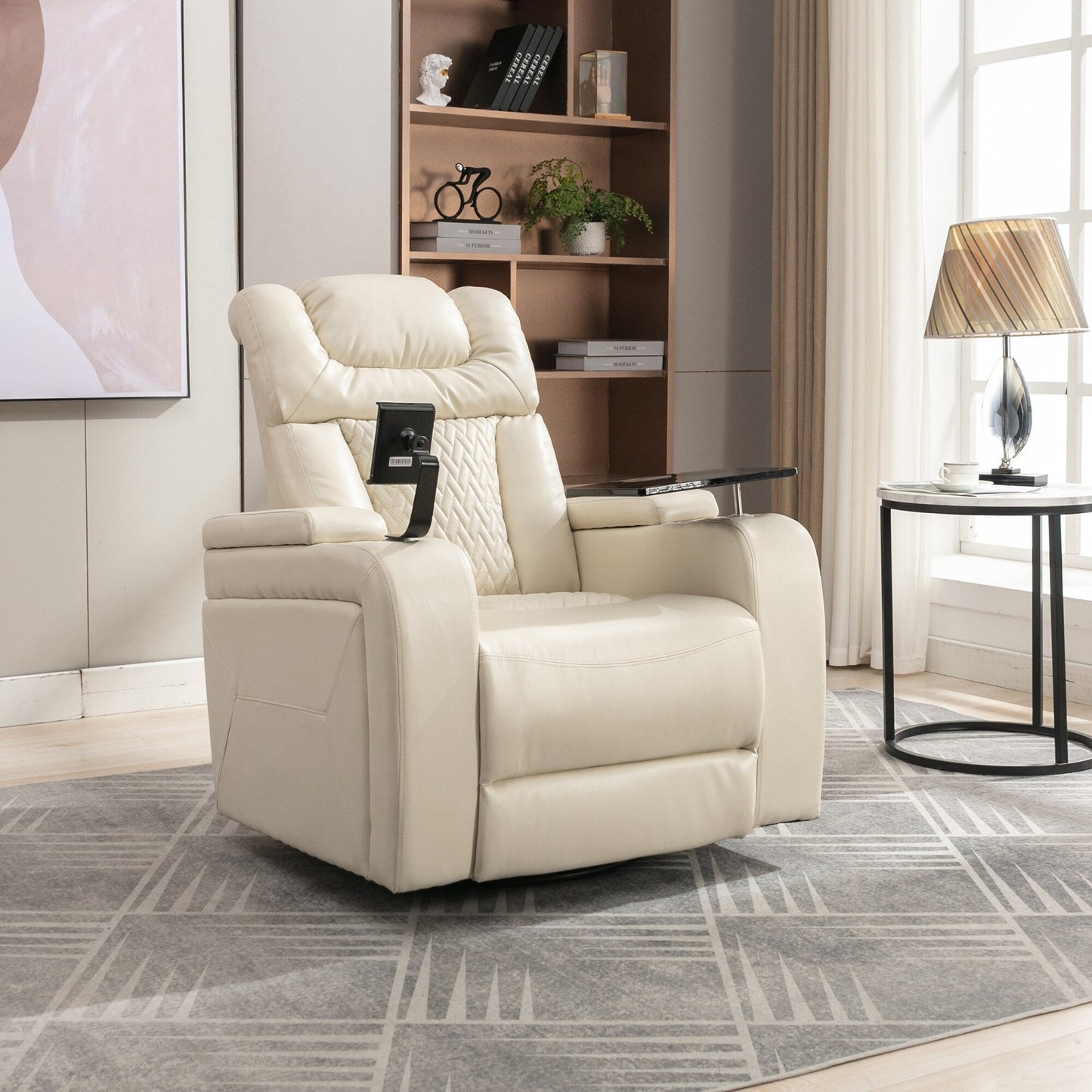 Poltrona reclinabile elettrica girevole a 270 gradi in pelle PU, con sedile singolo, per home theater, con comodo schienale e tavolino.