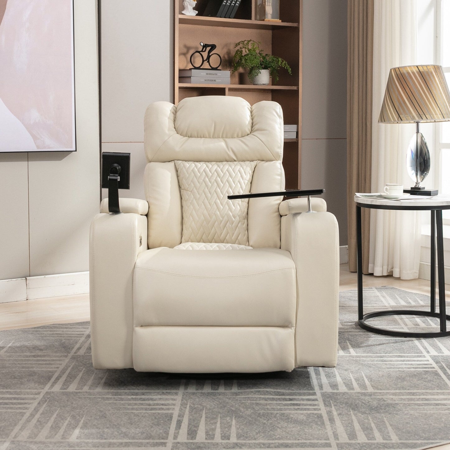 Poltrona reclinabile elettrica girevole a 270 gradi in pelle PU, con sedile singolo, per home theater, con comodo schienale e tavolino.