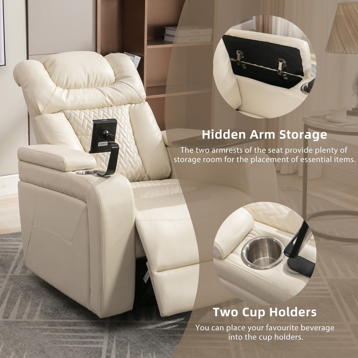 Poltrona reclinabile elettrica girevole a 270 gradi in pelle PU, con sedile singolo, per home theater, con comodo schienale e tavolino.