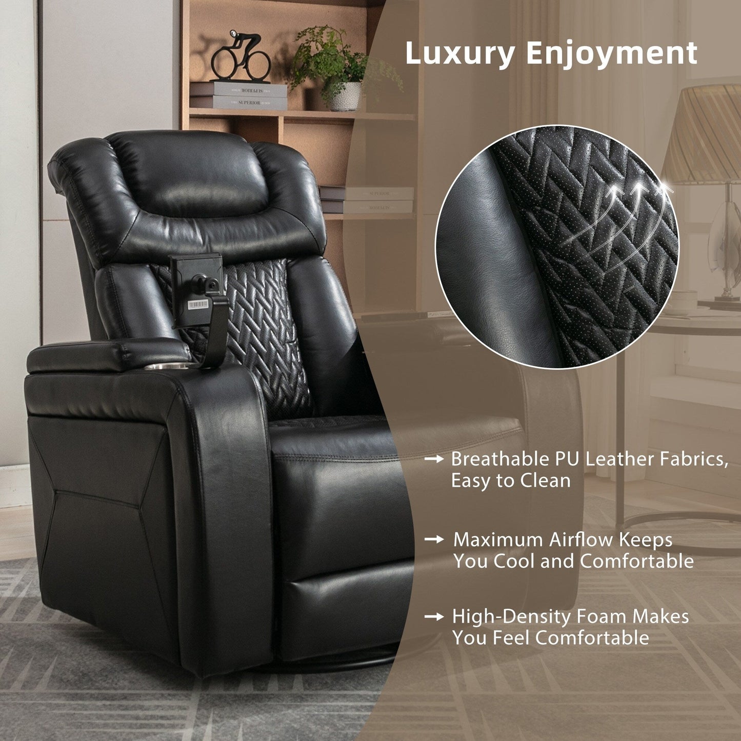 Poltrona reclinabile elettrica girevole a 270 gradi in pelle PU, con sedile singolo, per home theater, con comodo schienale e tavolino.