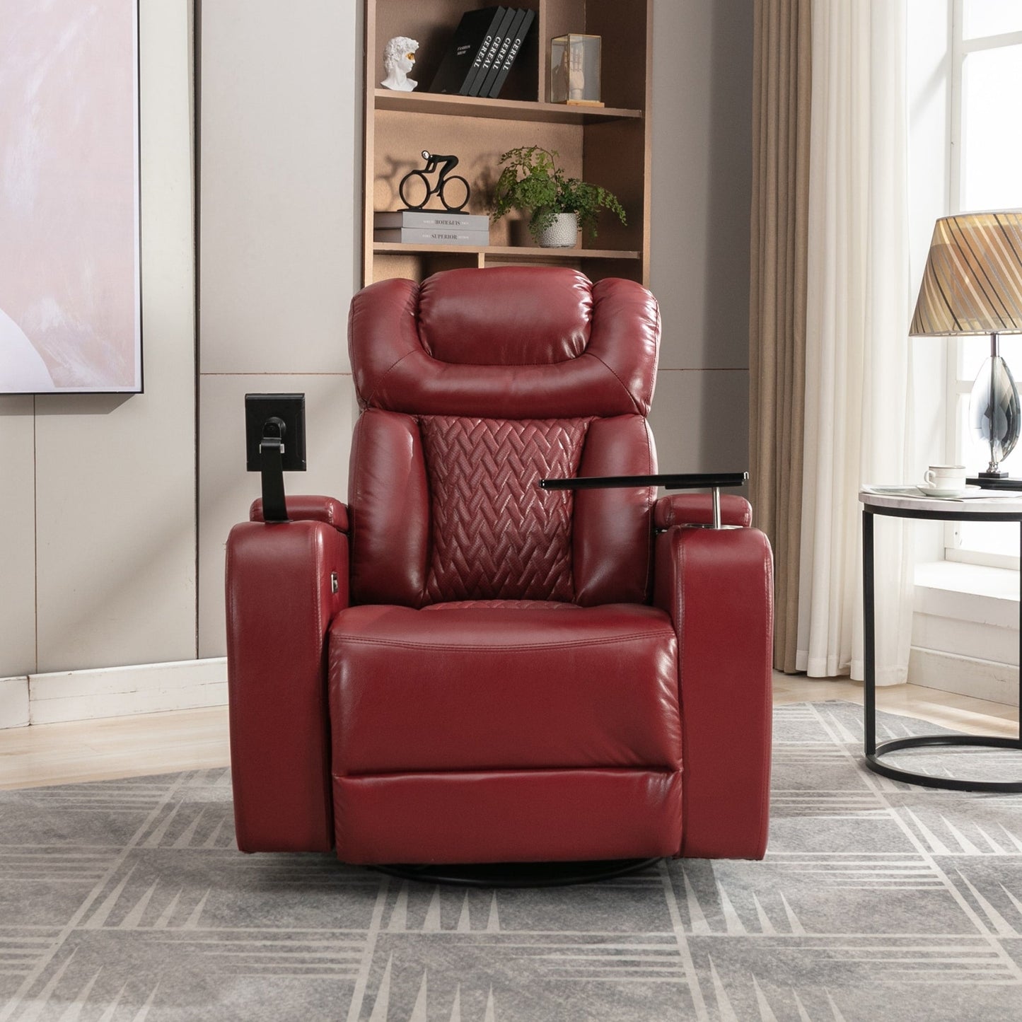 Poltrona reclinabile elettrica girevole a 270 gradi in pelle PU, con sedile singolo, per home theater, con comodo schienale e tavolino.