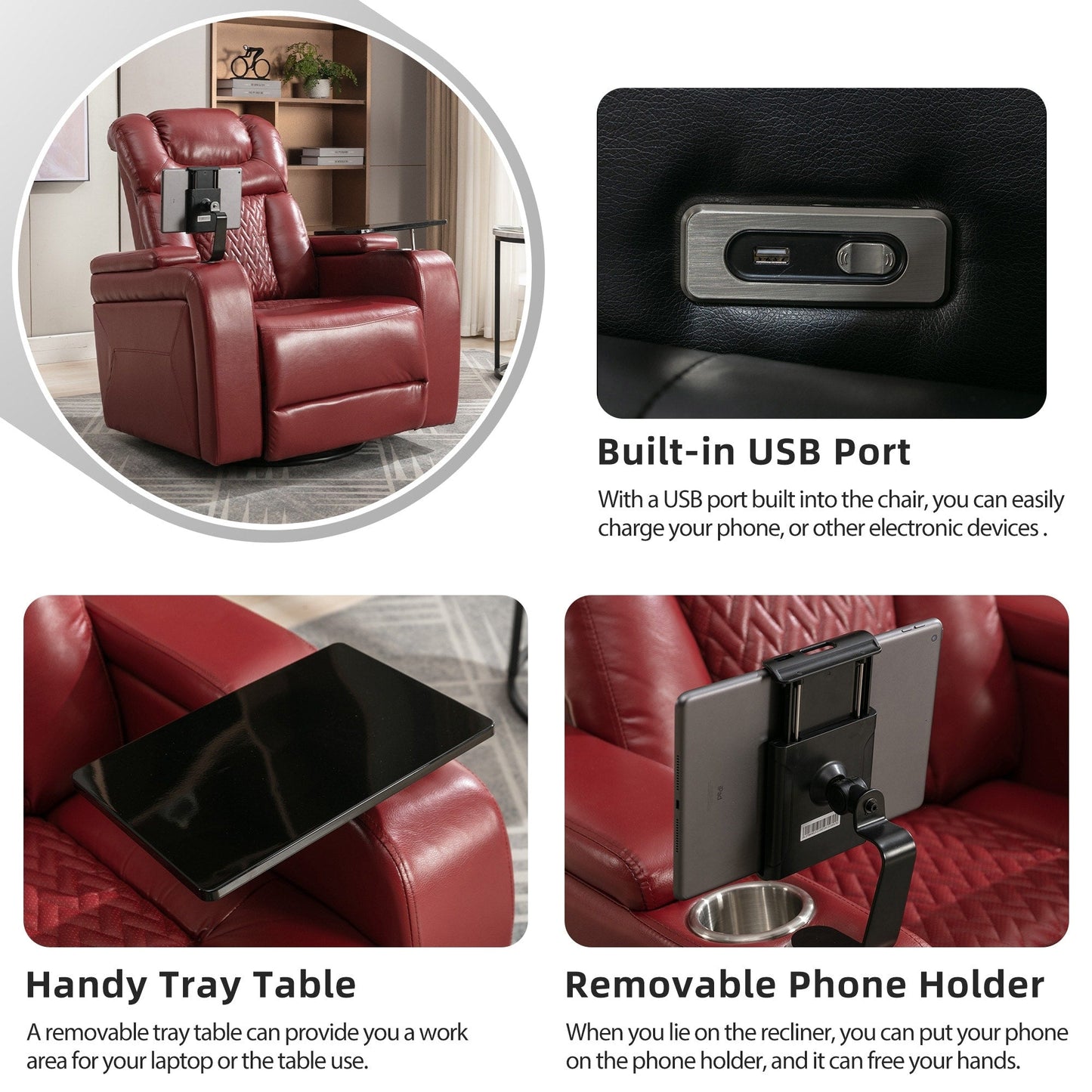 Poltrona reclinabile elettrica girevole a 270 gradi in pelle PU, con sedile singolo, per home theater, con comodo schienale e tavolino.